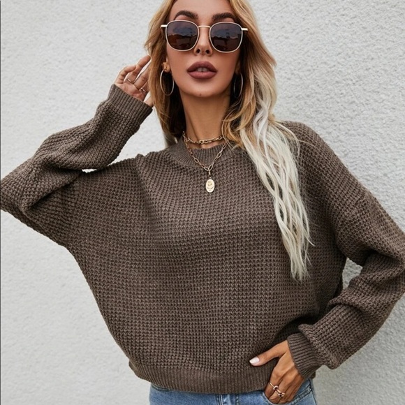 BROWN SOLID DROP SHOULDER SWEATER - Picture 4 of 8